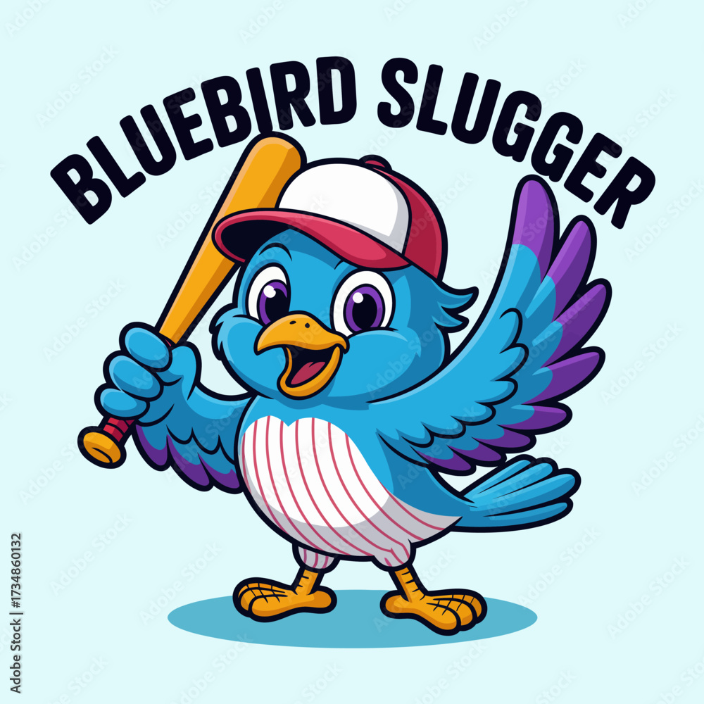Fototapeta premium A vibrant bluebird character holding a baseball bat, ready to play. This playful design captures the excitement of sports and childhood fun in a bright, cheerful style.