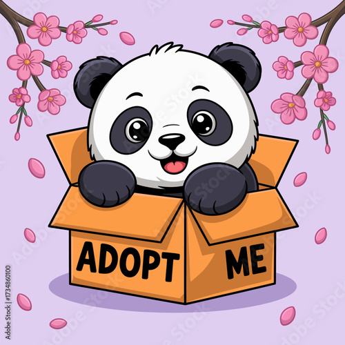 This adorable panda cartoon character peeks out of a box with bright lettering suggesting adoption, embodying cuteness and a call for compassionate awareness of animals.