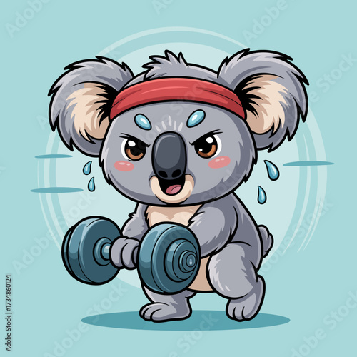 An energetic cartoon koala, sweating and lifting weights, captures the spirit of determination and fitness in a playful style, making it perfect for health-related illustrations.