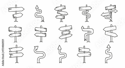 Collection of doodle wooden signpost illustrations with arrows in various styles on a white background