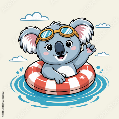 A joyful koala happily floating in a pool on a life ring signifies relaxation, fun, and the carefree spirit of summer, capturing a whimsical and playful essence.