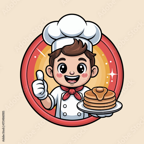 This cheerful illustration of a smiling chef presenting a plate of pancakes captures the essence of happiness in cooking and culinary arts with a vibrant color scheme.