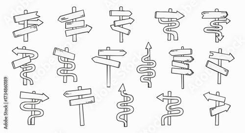 Collection of doodle-style directional signs and arrow pointers on wooden posts, symbolizing choices and guidance
