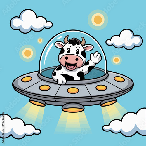 This whimsical image features a cheerful cow waving from a flying saucer, surrounded by fluffy clouds and a vibrant blue sky, representing joy and imagination in children's art.