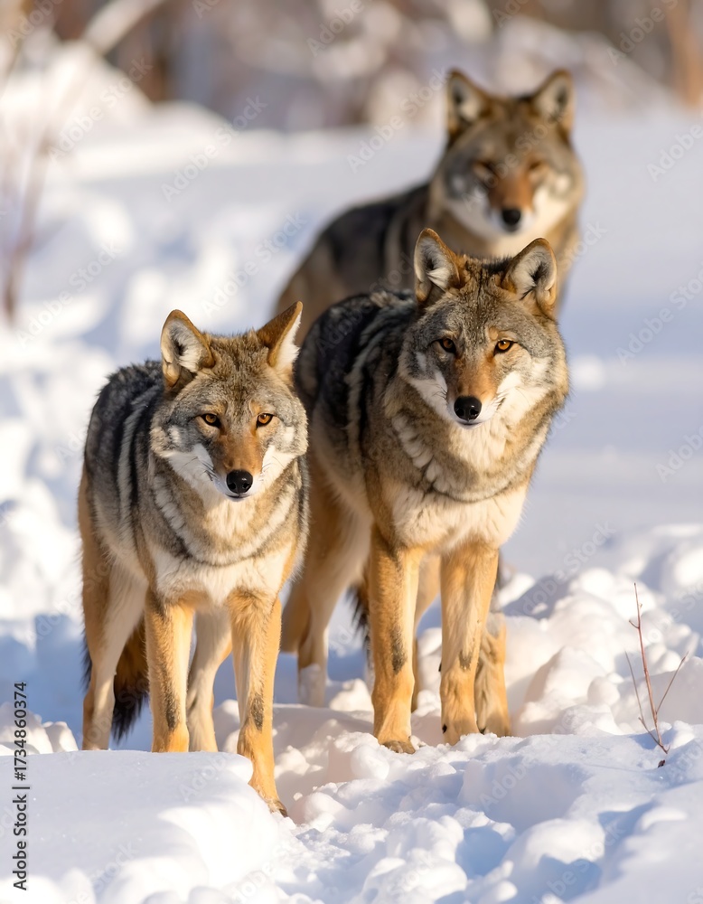 Obraz premium Three coyotes in snowy landscape