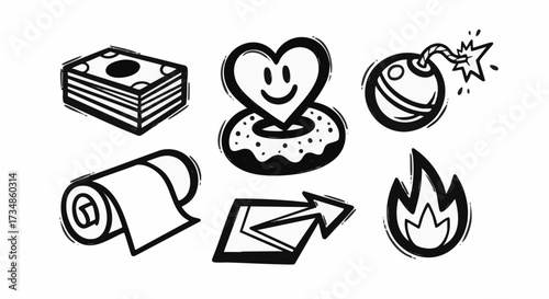 Collection of hand-drawn grunge black and white icons. Symbols include money, happy heart, bomb, toilet paper, share arrow, and flame