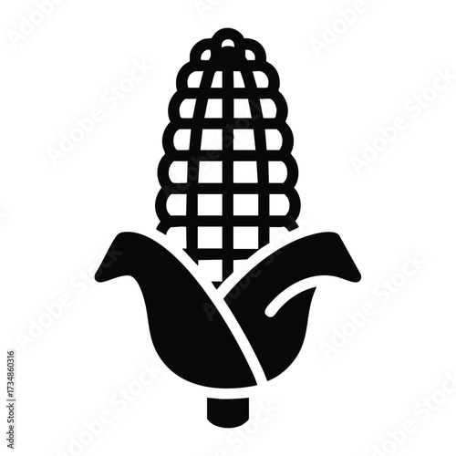 Stylized silhouette of a corn cob with husk, representing agriculture, harvest, and natural food sources in a minimalist design