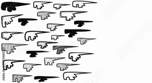 Collection of hand-drawn pointer finger icons in various styles, solid black and outlined with hatching