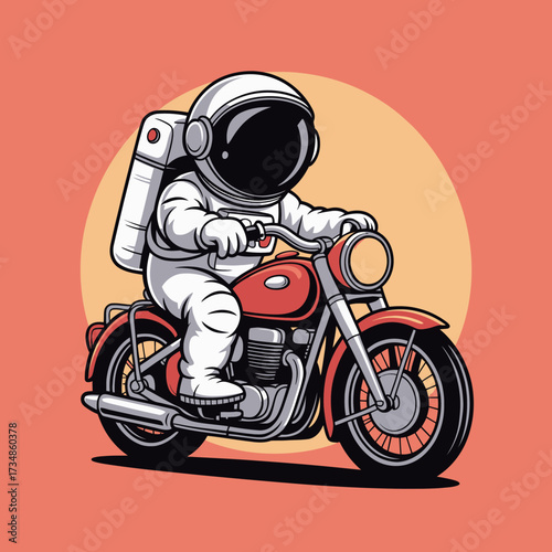An astronaut rides a retro motorcycle with flair against a colorful backdrop, blending adventure and nostalgia in a whimsical representation of space travel.