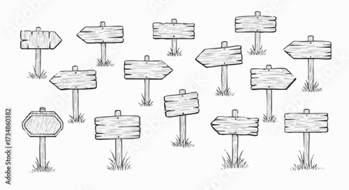 Collection of hand-drawn wooden signposts in various shapes, perfect for indicating direction, rustic design, or map points