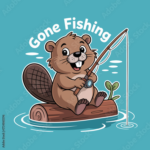 An adorable cartoon beaver cheerfully fishing from a log, embodying the spirit of adventure and fun while showcasing nature's beauty and playful outdoor experiences.