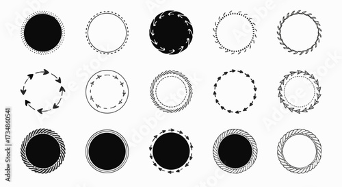 Collection of vector black and white circular frames for design. Variety of styles, from simple dots to arrows, offering versatile design elements