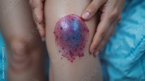 Close up of stain bruise wound on leg, contusion asian young woman, girl on joint knee from an accident fell down, hand in healing injury by massage hematoma blood. Extravasation blue, purple on skin.