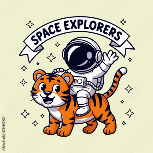 A playful depiction of a tiger with an astronaut riding it, exploring space, showcasing adventure, fun, and imagination, ideal for children's stories and playful projects.
