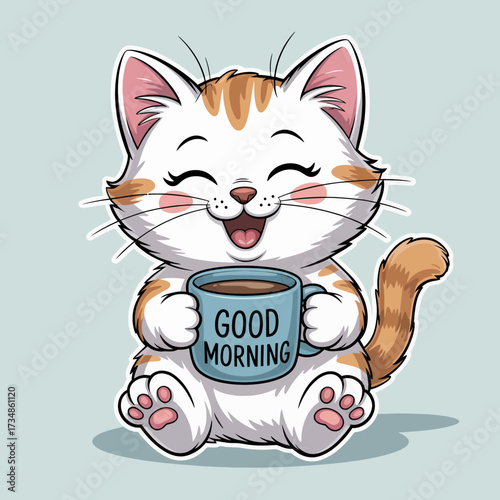 This adorable image features a cheerful cat joyfully holding a coffee mug, capturing the essence of morning happiness and warmth with its cute design and colors.