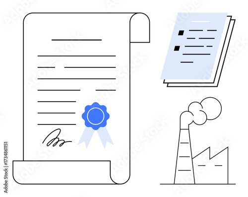 Document with a blue certification seal next to papers and a factory emitting smoke. Ideal for regulation, standards, ecology, sustainability, documentation, industry compliance, simple flat metaphor