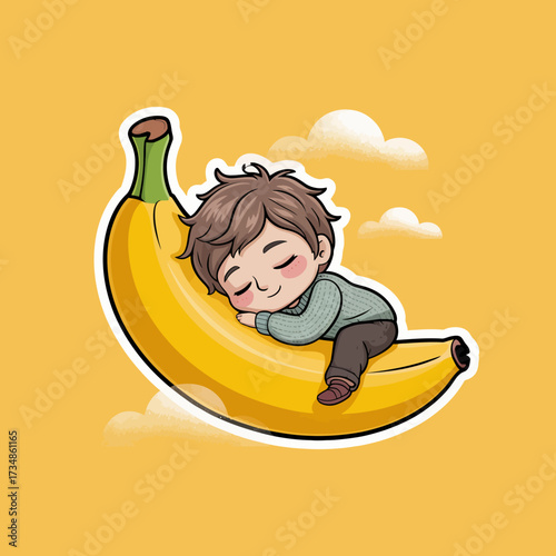 This adorable illustration showcases a child peacefully sleeping atop an oversized banana, capturing innocence and comfort in a whimsical and cheerful setting.