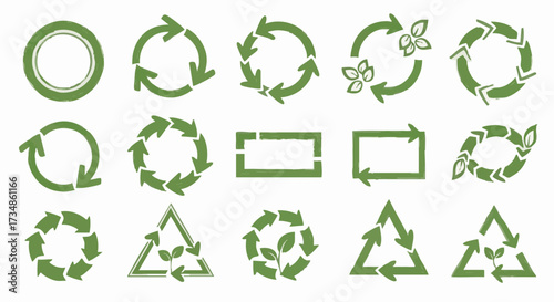 Green grunge recycling and eco symbols. Hand-drawn arrows in diverse shapes, some with leaves, convey sustainability and environmental protection
