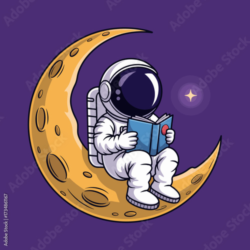 A whimsical illustration of an astronaut sitting on a crescent moon, engrossed in a book, blending the themes of space exploration and the joy of reading under starry skies.