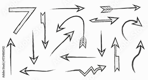 Hand-drawn arrow collection illustrations. Variety of directional symbols, including straight, curved, and zig-zag designs