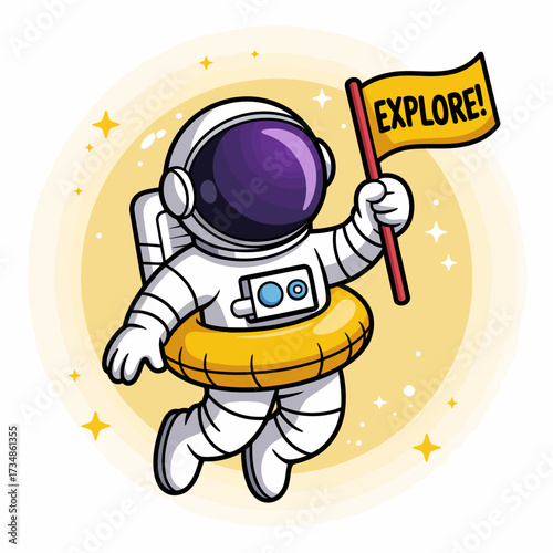 A playful astronaut in a space suit holds a flag that says 'EXPLORE!', symbolizing a spirit of adventure and curiosity in the vastness of space with a buoyant ring.