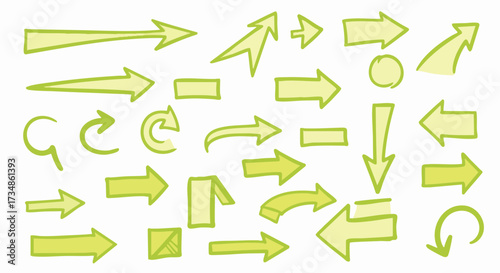 Hand-drawn arrows in various directions and styles are displayed against a white background. The vector graphics are bright green