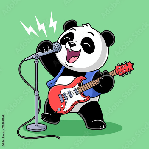 A lively panda joyfully singing into a microphone while holding an electric guitar, radiating energy and enthusiasm, making it a fun and engaging image for music lovers.