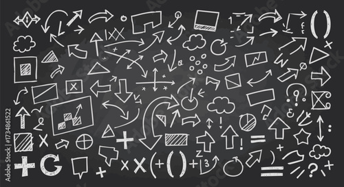 Hand-drawn chalk arrows, symbols, and doodle shapes scattered across a dark blackboard texture