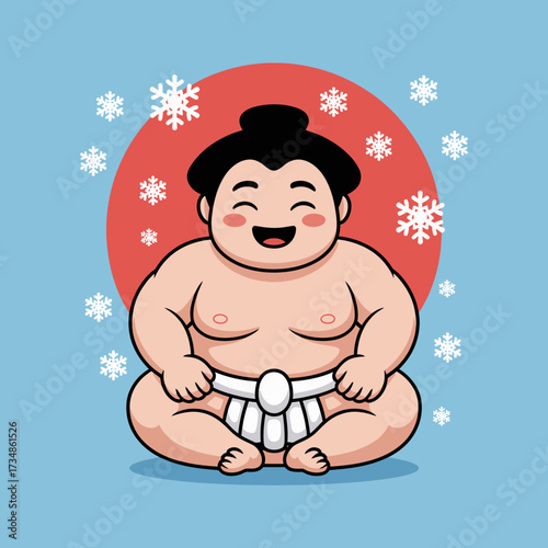 A cheerful sumo wrestler sits contently against a backdrop of falling snowflakes, symbolizing joy and comfort in a playful winter-themed illustration.