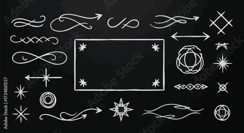 Hand-drawn chalk doodle elements on a black chalkboard background. This collection features decorative arrows, stars, dividers, and a central frame
