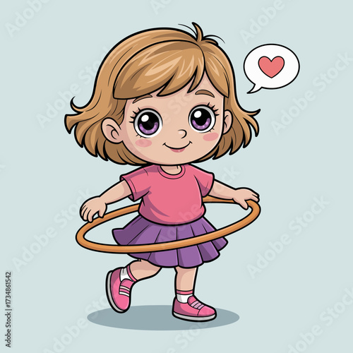 An adorable girl in a pink top is happily hula hooping with a smile, radiating joy and playfulness. This image captures the essence of childhood fun and carefree moments.