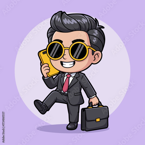 A cheerful young businessman in a suit, sunglasses, and holding a smartphone captures the essence of modern professionalism, confidence, and success in the business world.
