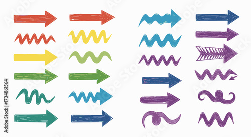 Hand-drawn colorful arrows and wavy elements in a graphic style against a white background