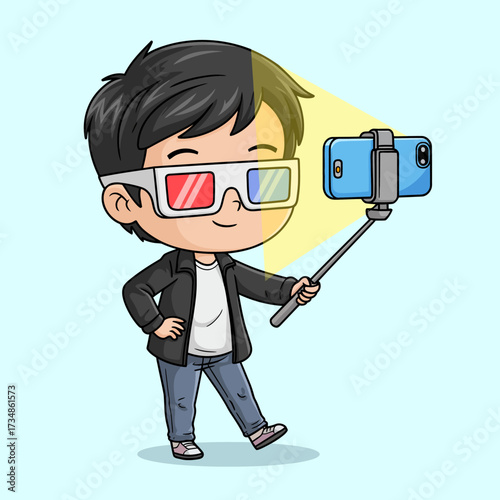 A cheerful character with stylish 3D glasses poses confidently while taking a selfie with a smartphone, representing modern social interactions and digital culture.