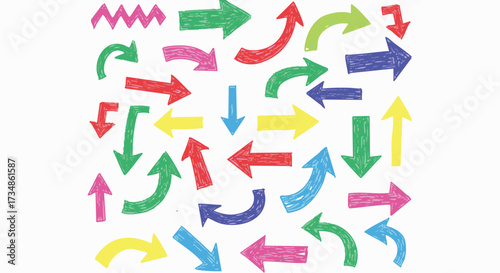 Hand-drawn colorful arrows scattered across a white background, pointing in various directions