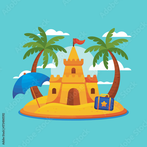 A bright illustration of a sandcastle on a tropical beach with palm trees, sun umbrella, and suitcase, evoking feelings of summer fun, relaxation, and adventure.