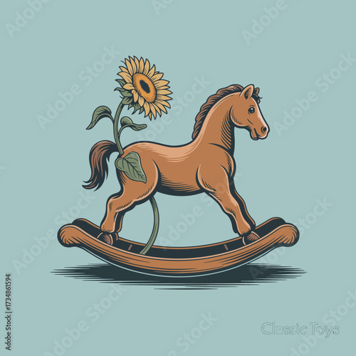 This charming image features a wooden rocking horse adorned with a sunflower, symbolizing childhood joy and creativity, perfect for nursery decoration.