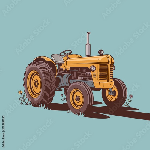 A bright yellow tractor parked on a lush green surface, showcasing its sturdy design and function, symbolizing rural life and agricultural work.