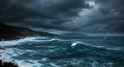 Dramatic seascape with turbulent waves under a dark cloudy sky