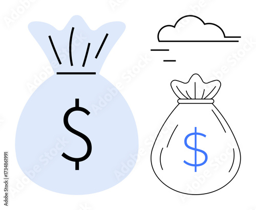 Large money bag with bold dollar sign alongside outlined version under clouds. Ideal for finance, investment, savings, economy, banking, budgeting, simple flat metaphor