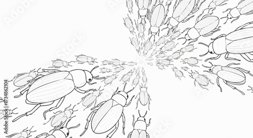 Illustration of beetles marching forward, demonstrating a large scale infestation or swarming