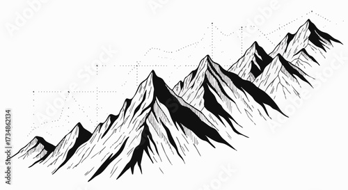 Illustration of mountain range with dot line. The landscape represents upward trends and growth with black and white graphic style
