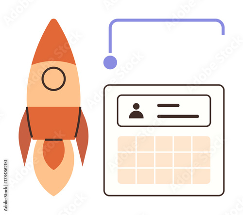 Rocket icon beside a modular card showing user profile and calendar grid. Ideal for innovation, startup growth, project planning, progress tracking, tech, goals, productivity, simple flat metaphor