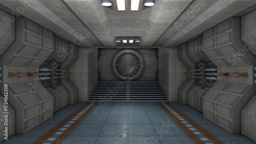 3D rendering of a detailed dark and scary spacecraft corridor with unique style