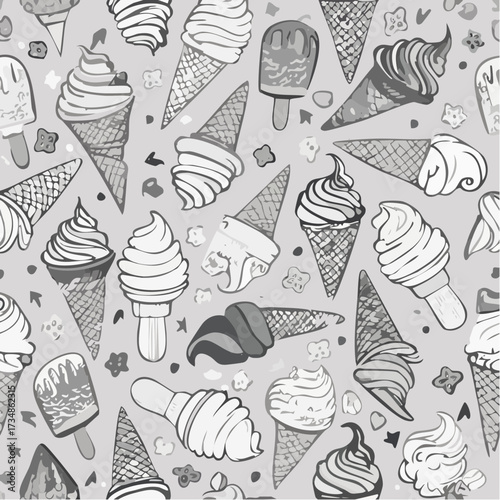 Seamless pattern of ice cream (Sundae, cone ice cream, parfait, popsicle, stick ice cream) with vintage black and white design.