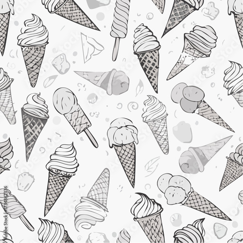 Seamless pattern of ice cream (Sundae, cone ice cream, parfait, popsicle, stick ice cream) with vintage black and white design.