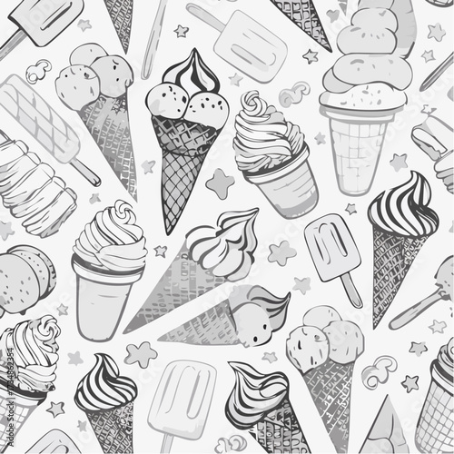 Seamless pattern of ice cream (Sundae, cone ice cream, parfait, popsicle, stick ice cream) with vintage black and white design.