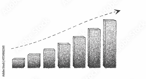 Monochrome hand-drawn bar chart illustration showing steady upward growth with a dashed trend line and arrow, symbolizing success, progress, and statistics