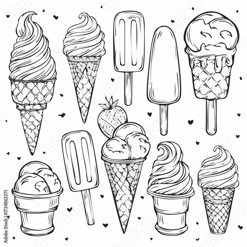 Set of collection ice cream (Sundae, cone ice cream, parfait, popsicle, stick ice cream) black and white illustration 