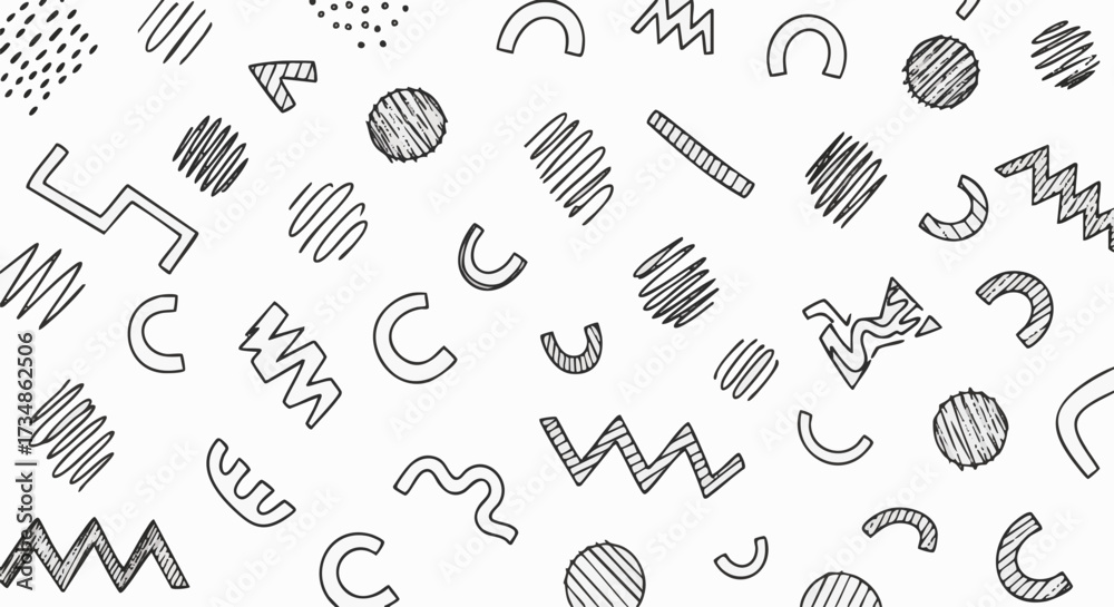 Fototapeta premium Seamless pattern featuring hand-drawn black geometric and abstract shapes on a white background, evoking a retro 80s or 90s aesthetic
